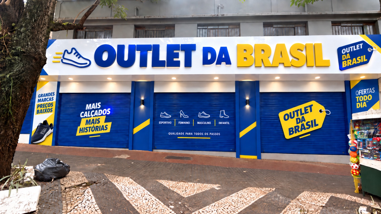 Fachada da Outlet da Brasil com letreiro azul e amarelo